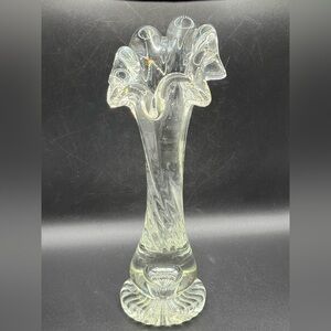 Vintage Mid Century Swung Glass Vase Chunky Ruffled Thick Walled Vessel Decor